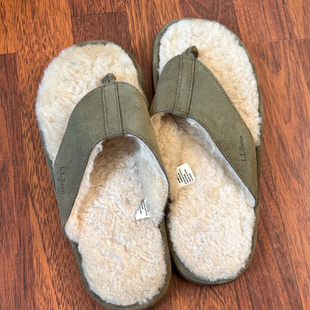 L.L. Bean Olive and Beige Fleece Slippers